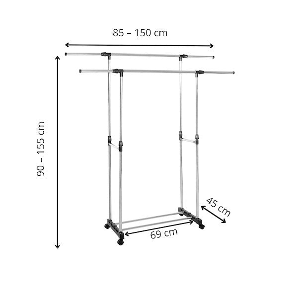 Mobili drabužių kabykla 85-150cm, teleskopinis stovas ant ratukų - LUCA