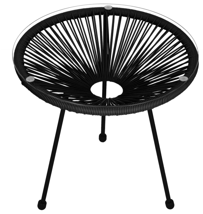 Rotango terasos baldai, grūdinto stiklo stalas, 2 ažūriniai foteliai, juoda sofa.