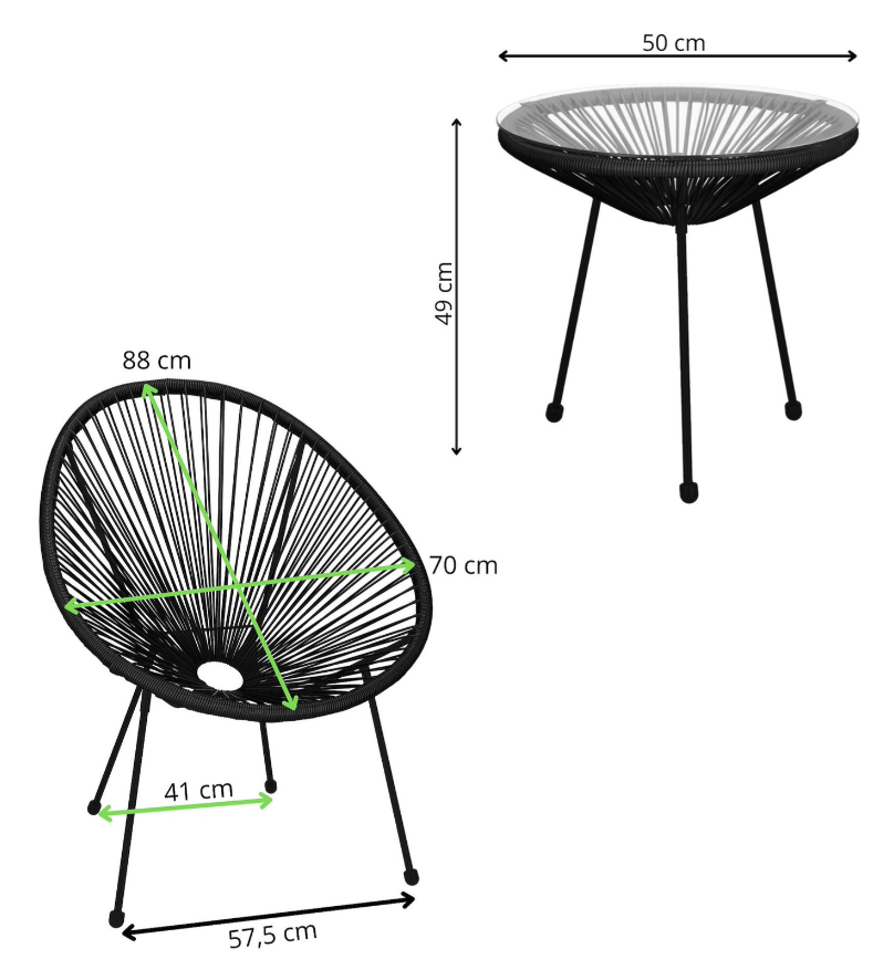Rotango terasos baldai, grūdinto stiklo stalas, 2 ažūriniai foteliai, juoda sofa.