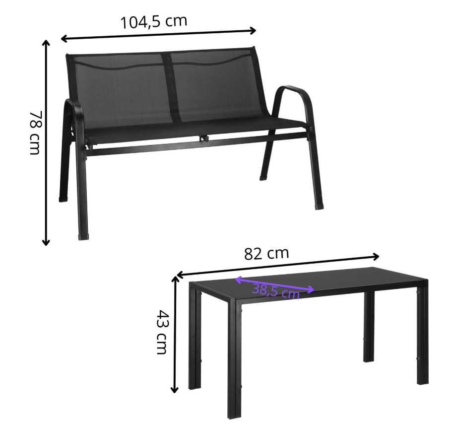 Sodo baldų komplektas: sofa, 2 kėdės ir stalas su stikliniu stalviršiu, juodas
