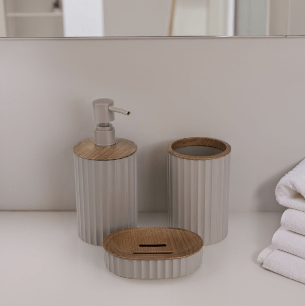 Vonios komplektas 5vnt. smėlio spalvos, medžio spalvos apdaila - LUCA