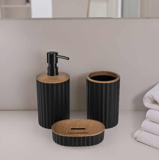 Vonios komplektas 5vnt. juodas, medžio spalvos apdaila - LUCA