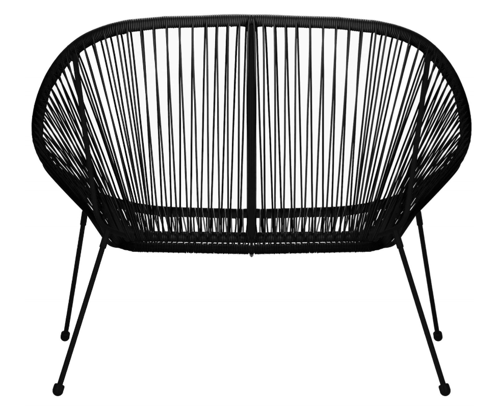 Rotango terasos baldai, grūdinto stiklo stalas, 2 ažūriniai foteliai, juoda sofa.