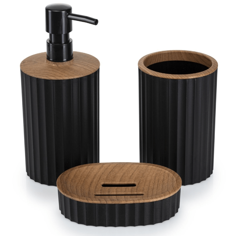 Vonios komplektas 5vnt. juodas, medžio spalvos apdaila - LUCA