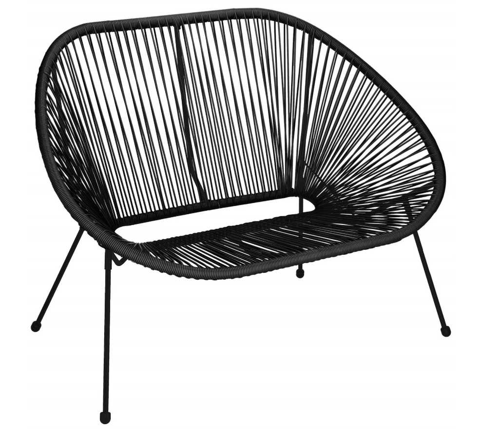 Rotango terasos baldai, grūdinto stiklo stalas, 2 ažūriniai foteliai, juoda sofa.