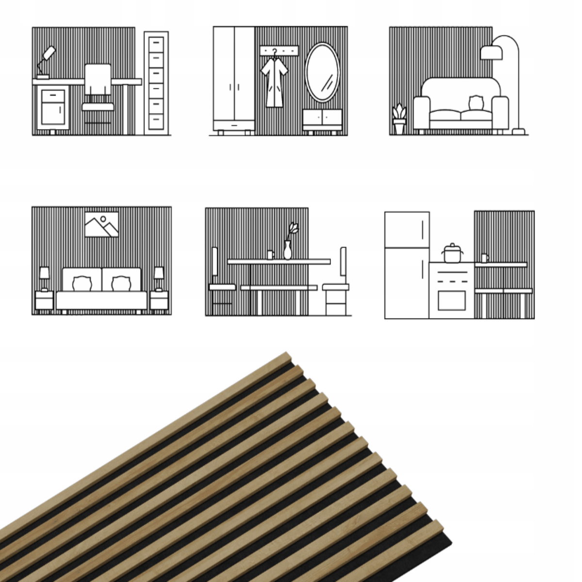 Akustinė dekoratyvinė sienų plokštė 2400 x 605 x 20 mm iš MDF lamelių