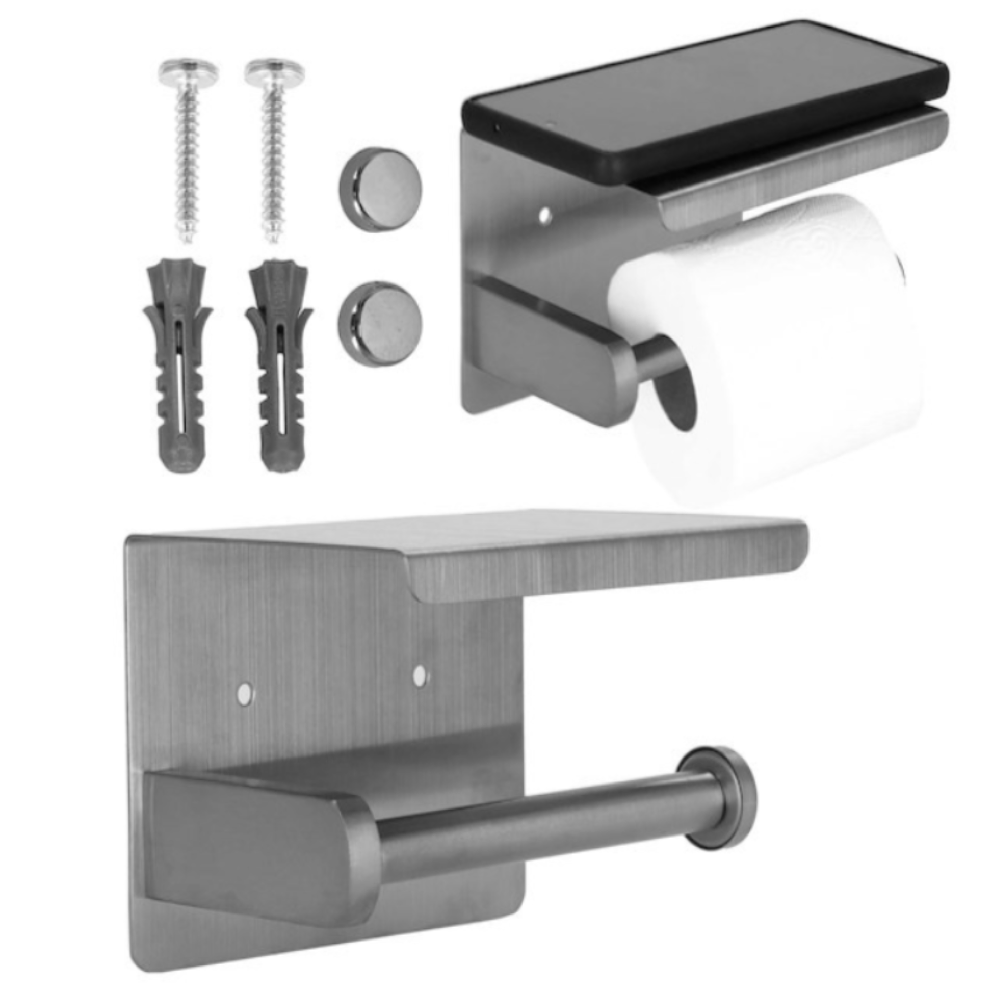 Tualetinio popieriaus laikiklis su telefono lentynėle montuotas prie sienos.