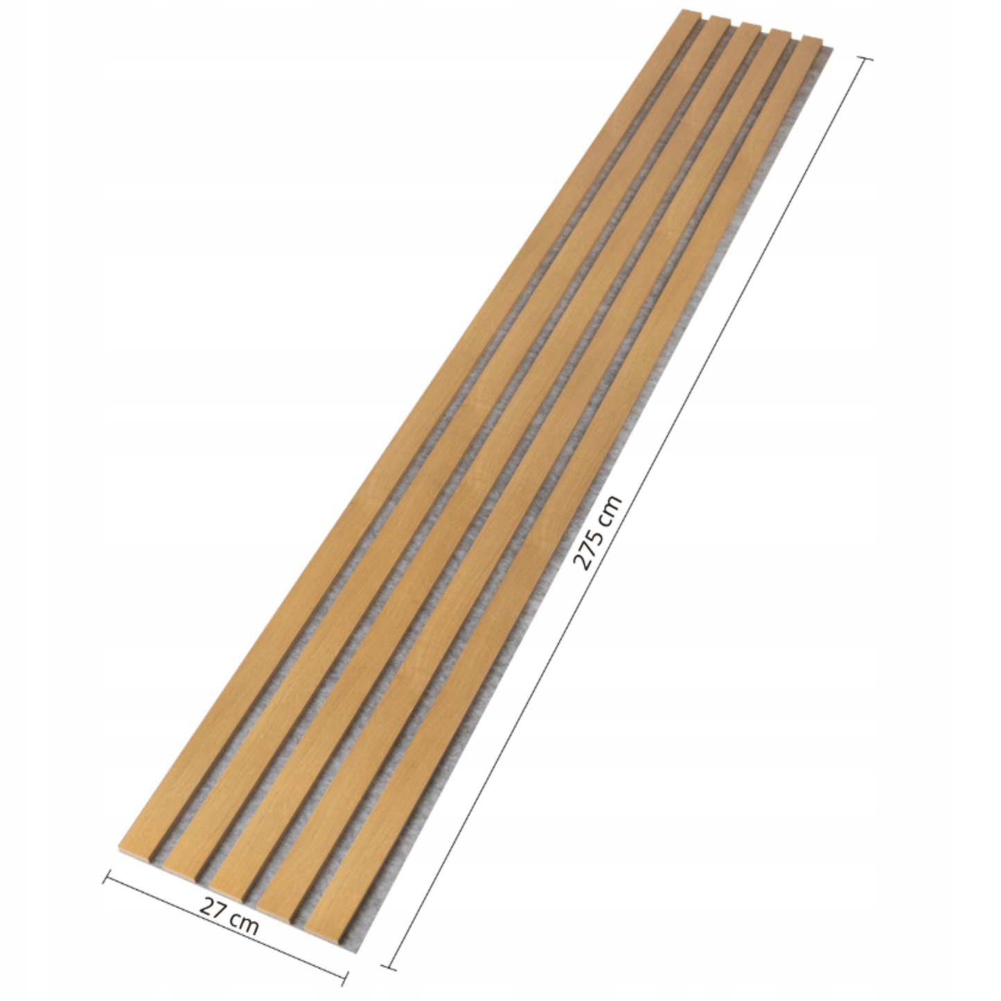 Akustinė sienų panelė su ąžuolo spalvos lamelėmis ir pilku veltiniu 275 × 27 cm