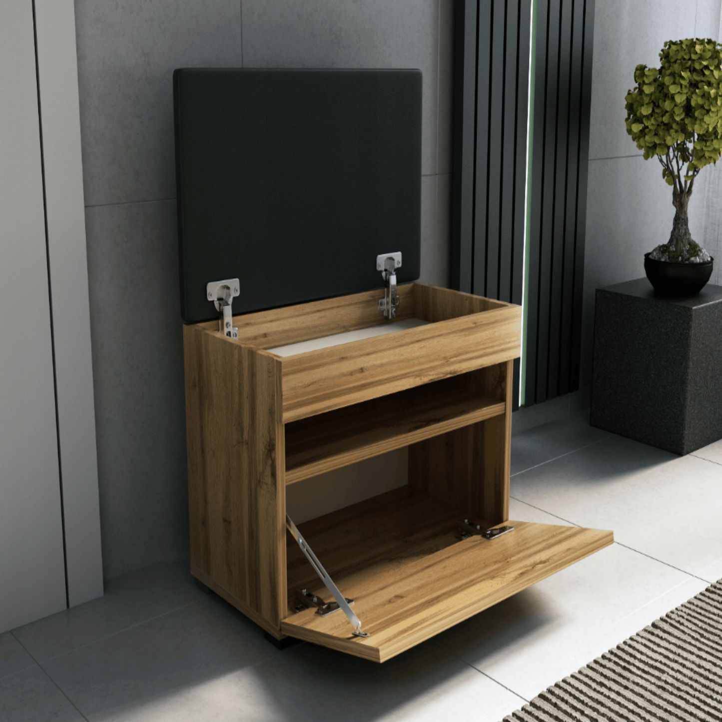 Batų spintelė 60 cm su sėdyne – ąžuolas, modernaus dizaino