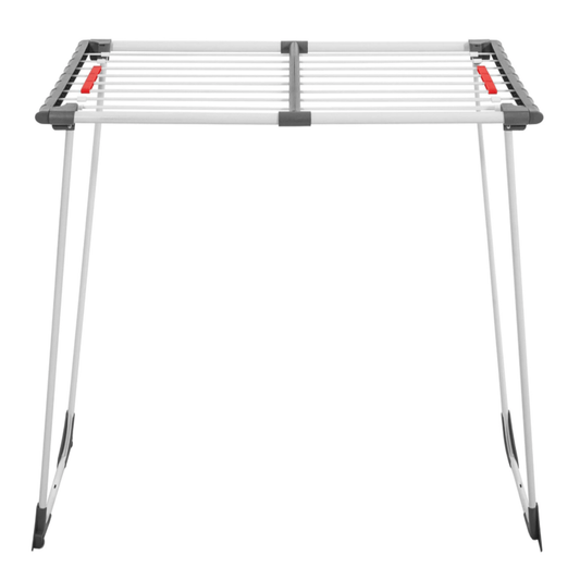 Teleskopinė sulankstoma drabužių džiovyklė pilkos ir baltos spalvos, išskleista pilnu ilgiu