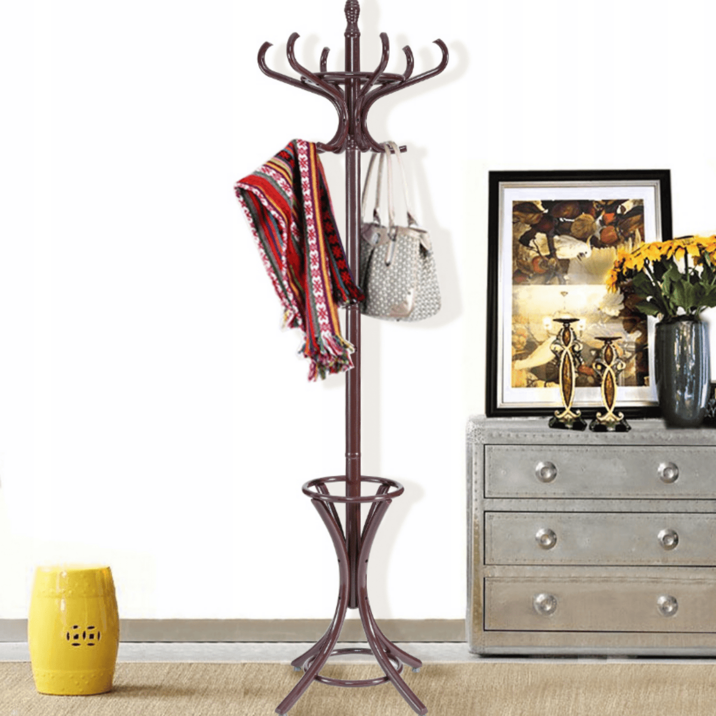 Medinė pastatoma paltų kabykla su 12 kabliukų ir skėčių laikikliu