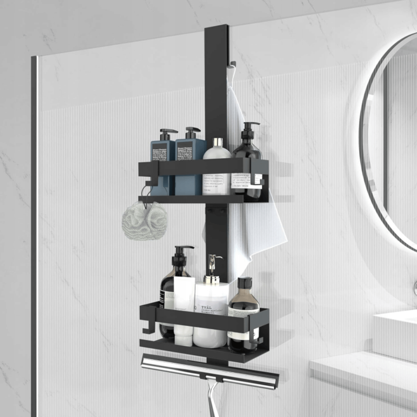 Erdvi dušo lentynėlė su viršutine platforma ir kabliukais