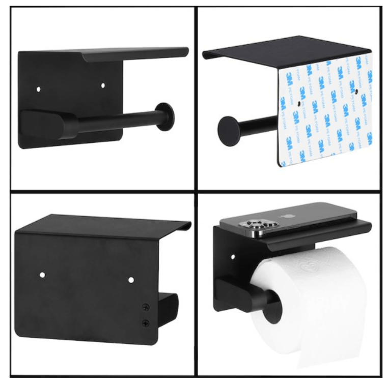 Juodas tualetinio popieriaus laikiklis su matine apdaila pritvirtintas prie sienos