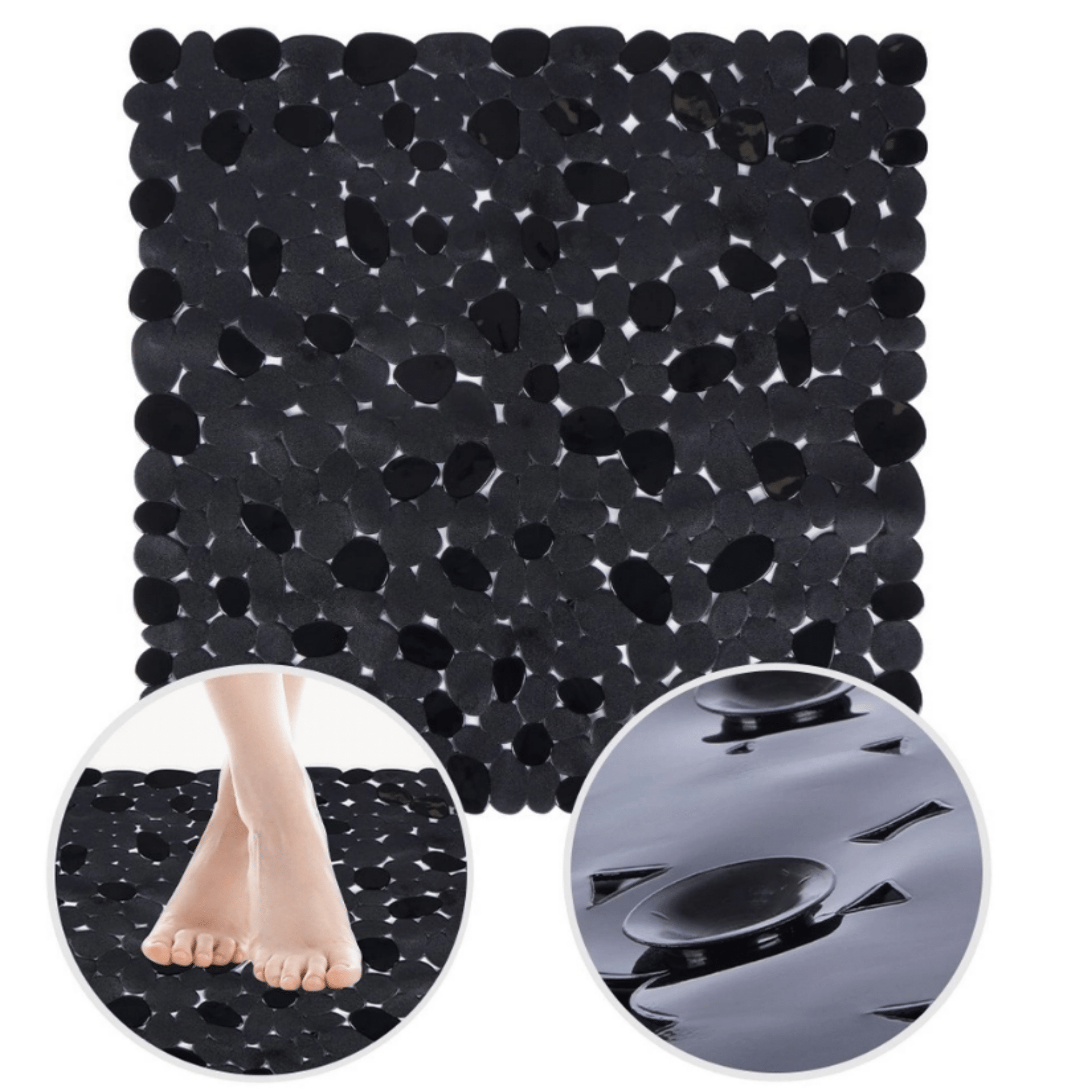 Juodas neslystantis vonios kilimėlis su siurbtukais, padėtas dušo padėkle