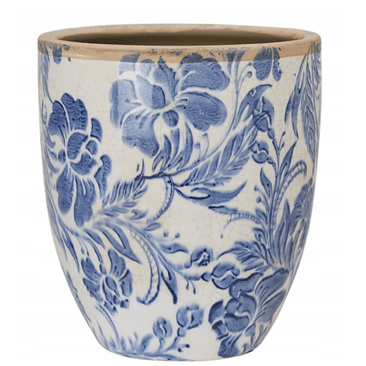 Mėlynomis gėlėmis dekoruotas baltas keraminis gėlių uždangalas