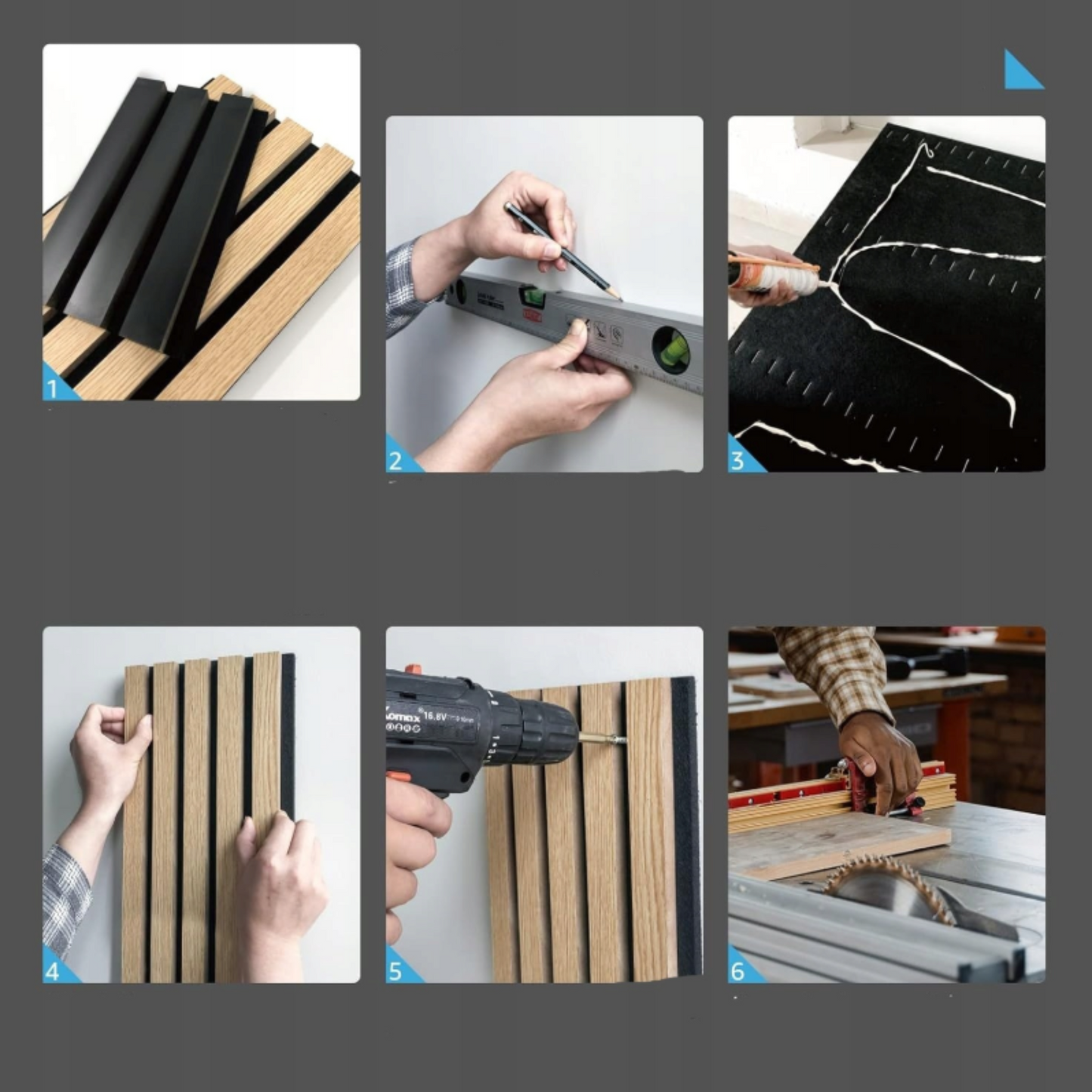 4 akustinių sienų plokščių komplektas 60 × 120 cm su MDF lamelėmis