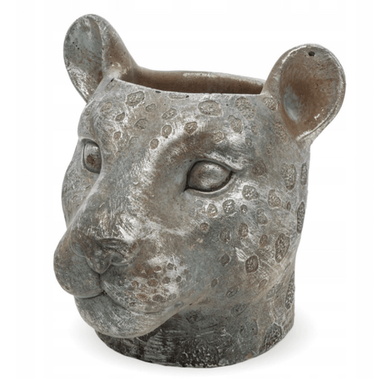 Išskirtinis gėlių stovas iš cemento, betono. Pumos galva, akys, ausys.