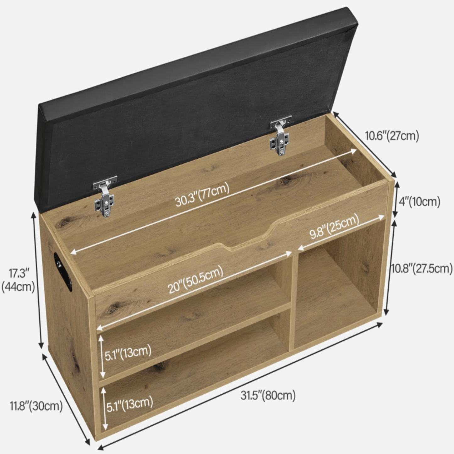 Stilinga batų spintelė ir dėžė su neslystančiomis kojų pagalvėlėmis. Išmatavimai