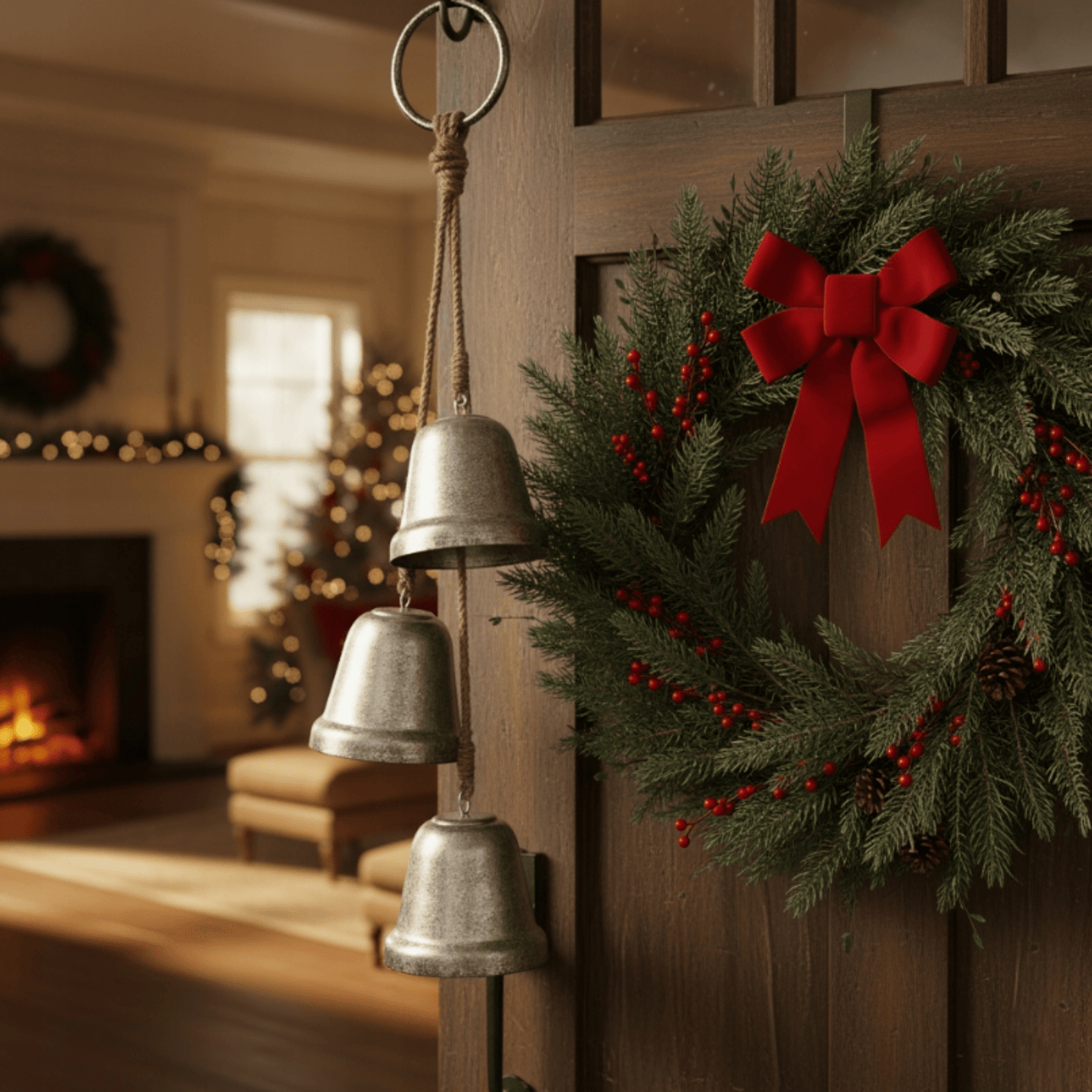 Dideli sidabriniai varpeliai durų ir sienų dekorui, pakabinama šventinė puošmena