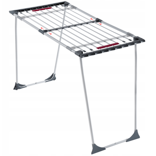 Teleskopinė džiovykla iš plieno ir plastiko – balta ir pilka spalva.