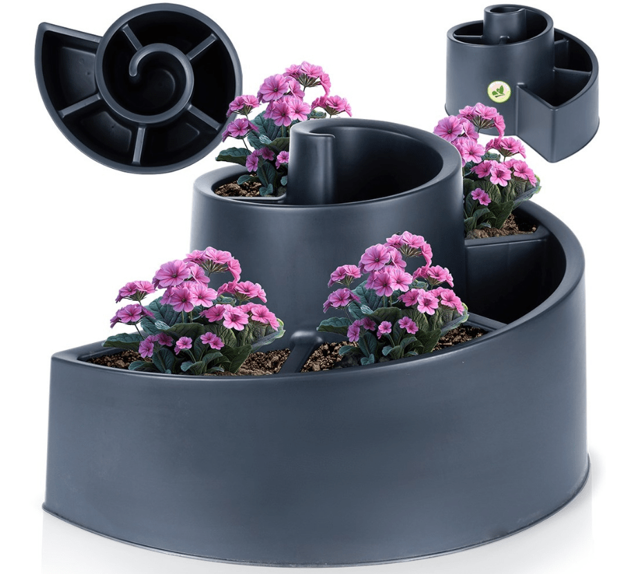 Unikalus spiralės formos gėlių stovas, skirtas sukurti išskirtines augalų kompozicijas sode ar namuose.