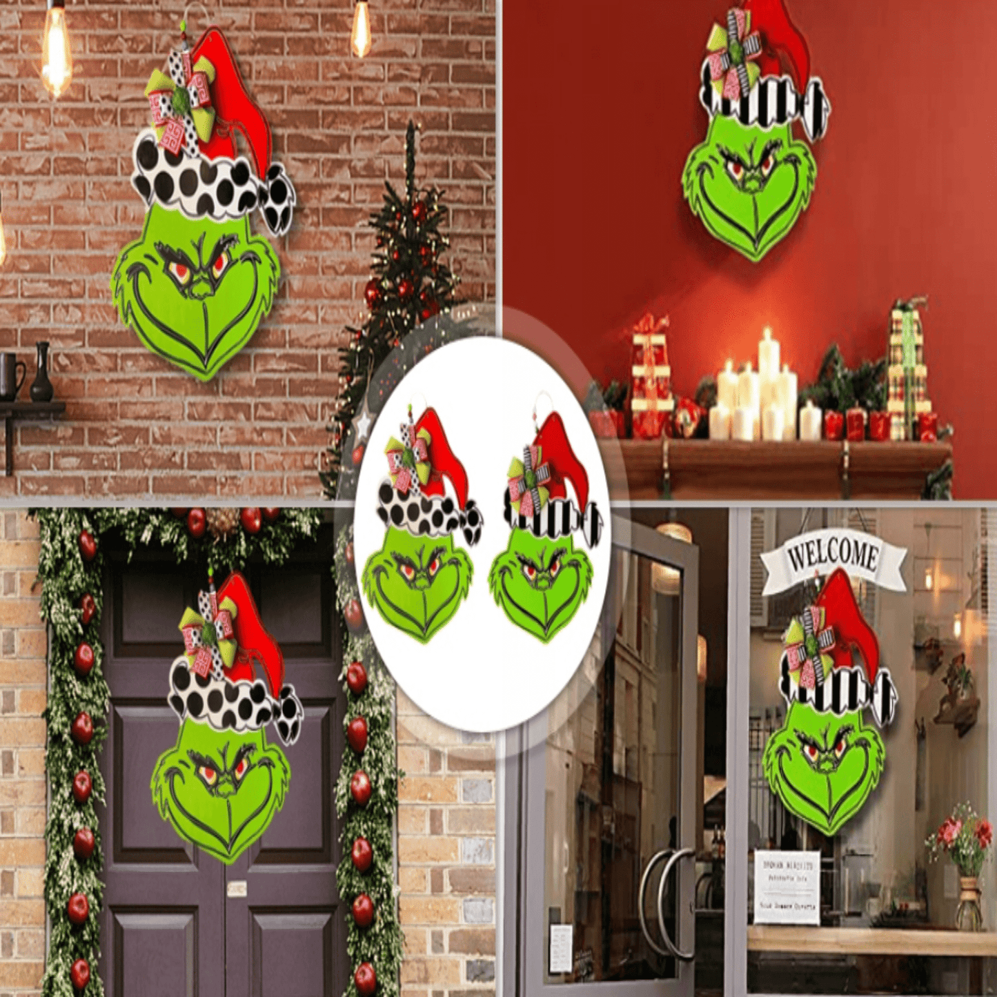 Linksmas „Grin-ch“ Kalėdų durų dekoras su ryškiomis spalvomis 40x30 cm