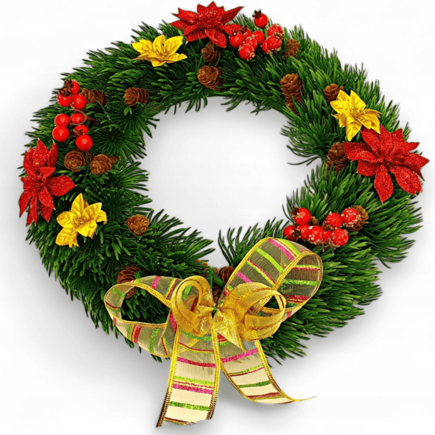 Šventinis puansetijų vainikas su auksiniu kaspinu – vidaus dekoras Kalėdoms