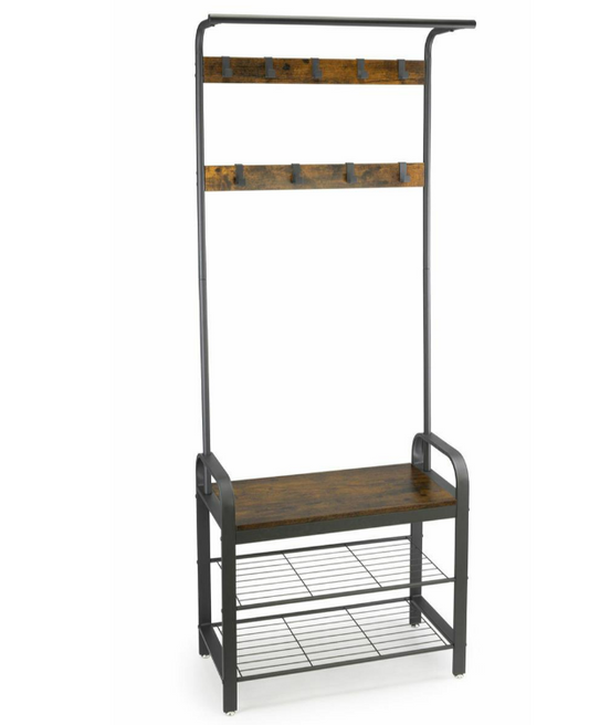 Ruda ir juoda drabužių kabykla su lentynomis ir sėdyne, 72x33x183cm
