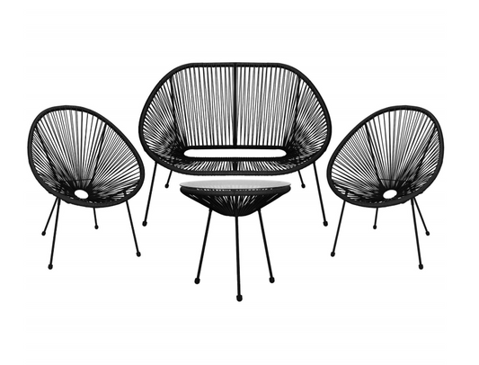 Rotango terasos baldai, grūdinto stiklo stalas, 2 ažūriniai foteliai, juoda sofa.