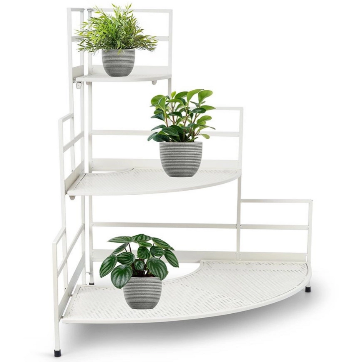 Smėlio spalvos, metalinis ir kampinis gėlių stovas. 84cm.