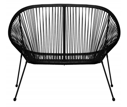 Rotango terasos baldai, grūdinto stiklo stalas, 2 ažūriniai foteliai, juoda sofa.