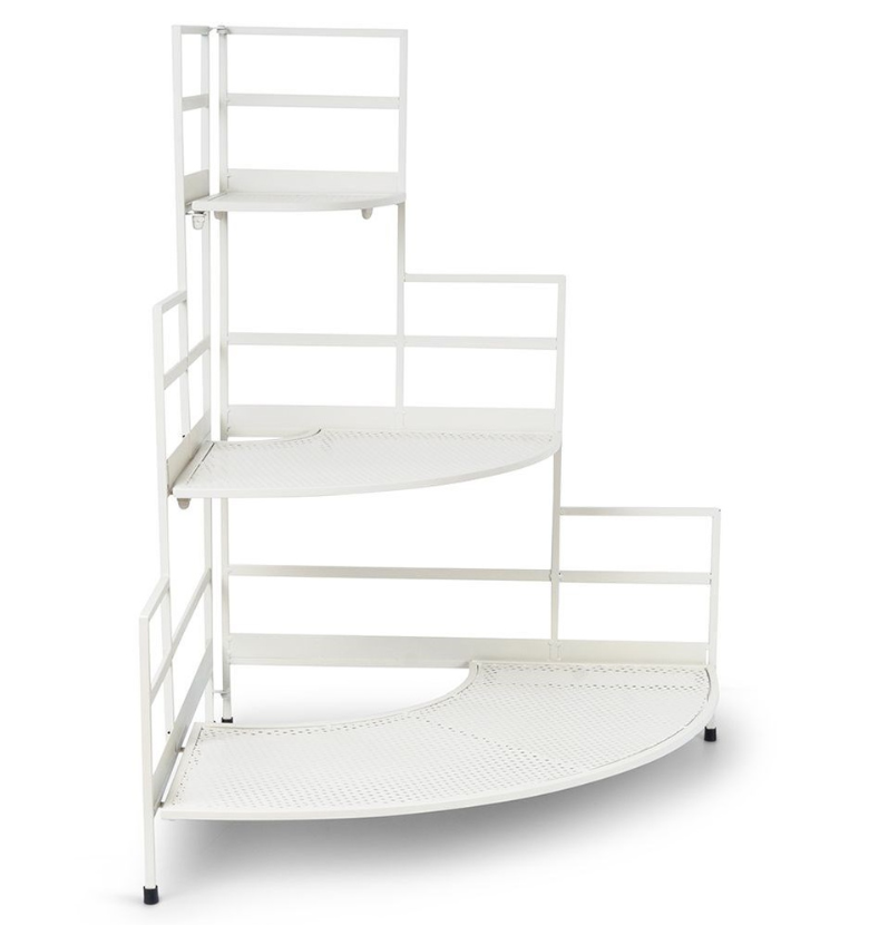 Smėlio spalvos, metalinis ir kampinis gėlių stovas. 84cm.