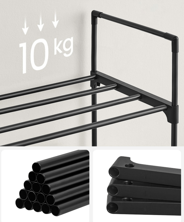 Juodos spalvos metalinė batų lentyna, 3 pakopų, 55x92x30,5cm - LUCA