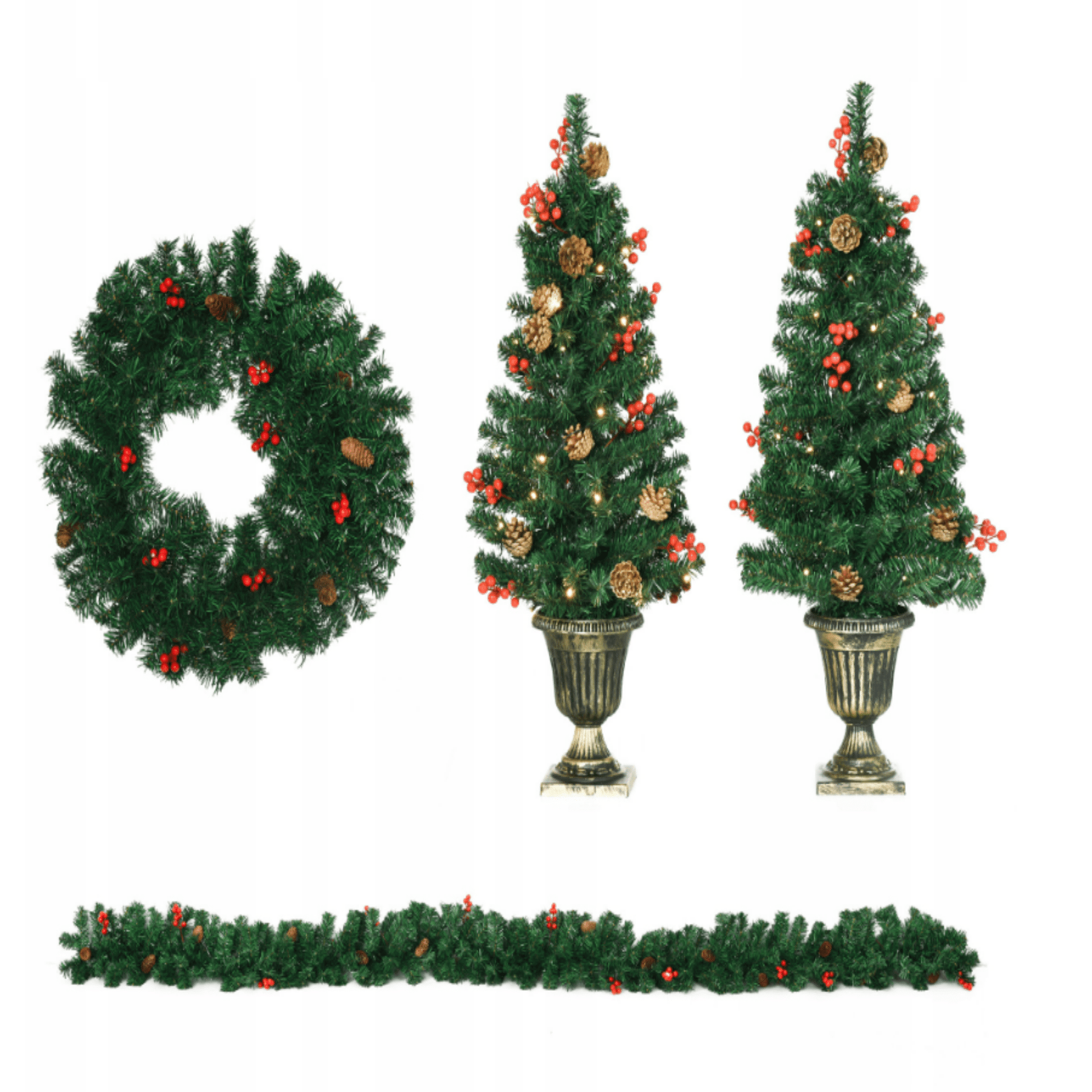 Kalėdinis durų dekoracijų rinkinys su dviem eglutėmis ir vainiku, papuoštu raudonomis uogomis bei kankorėžiais