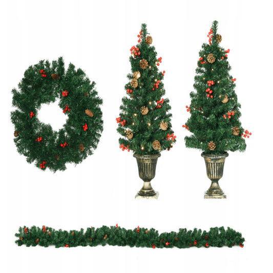 Kalėdinis durų dekoracijų rinkinys su dviem eglutėmis ir vainiku, papuoštu raudonomis uogomis bei kankorėžiais