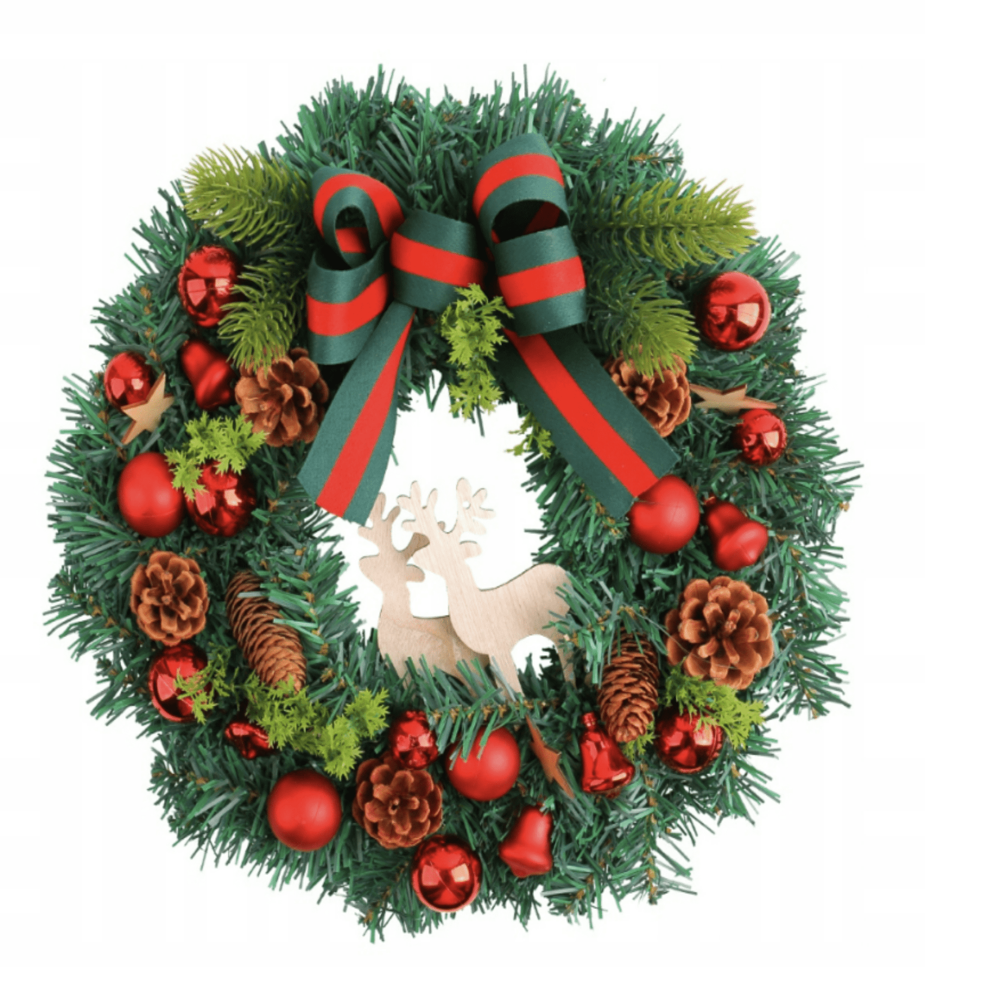 Premium žalias kalėdinis vainikas su elniais ir natūraliais dekoratyviniais akcentais, 30 cm