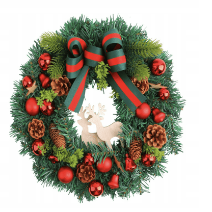 Premium žalias kalėdinis vainikas su elniais ir natūraliais dekoratyviniais akcentais, 30 cm