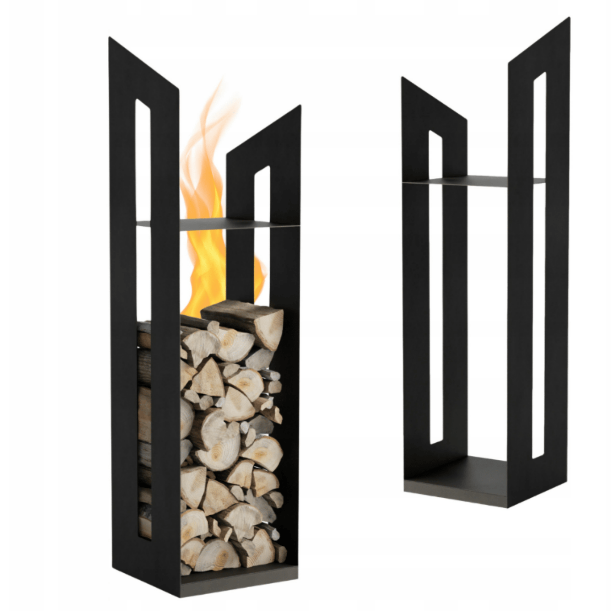 Juodas metalinis malkų laikiklis su minimalistiniu dizainu
