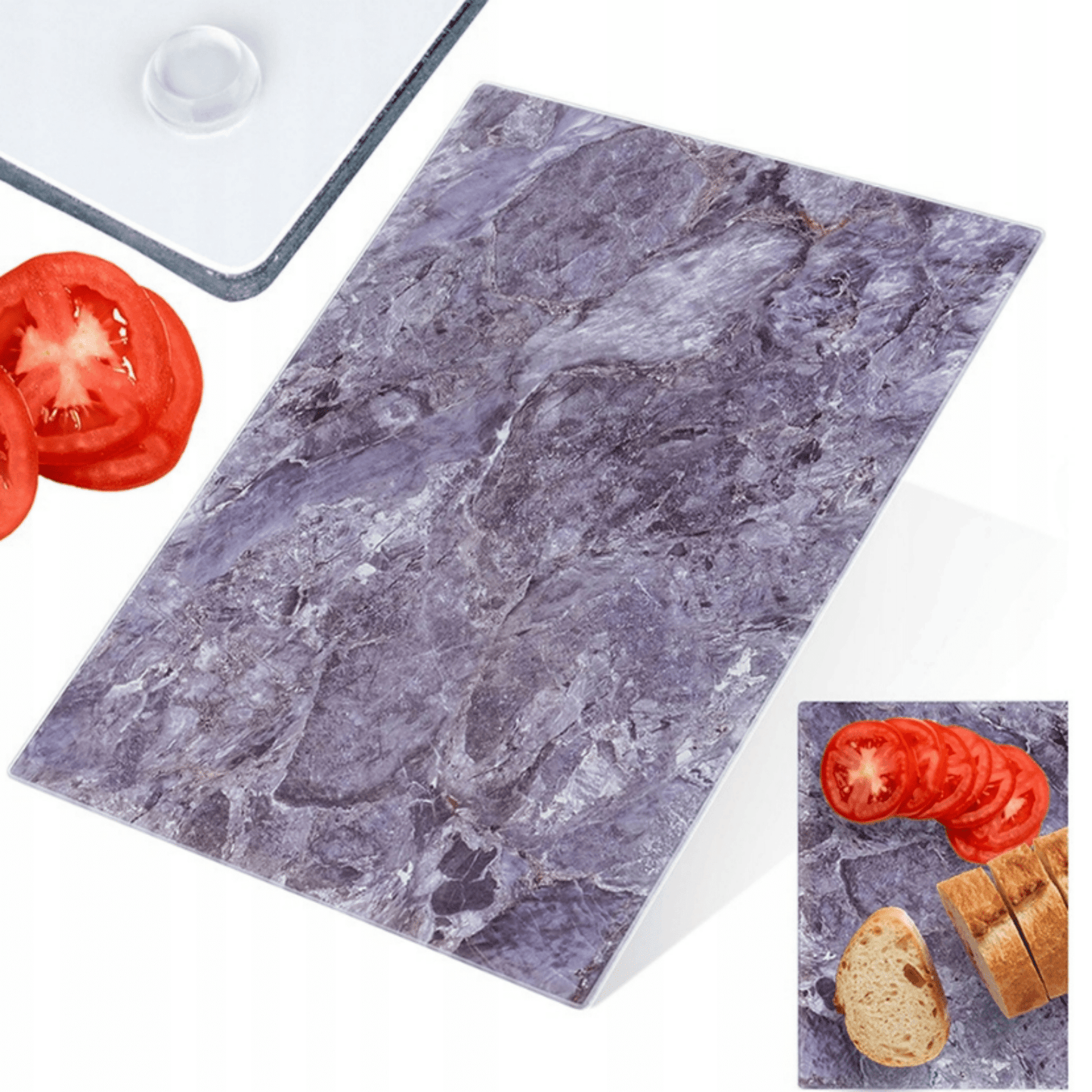 Stiklinė virtuvės pjaustymo lentelė su pilku marmuro raštu 30x40 cm