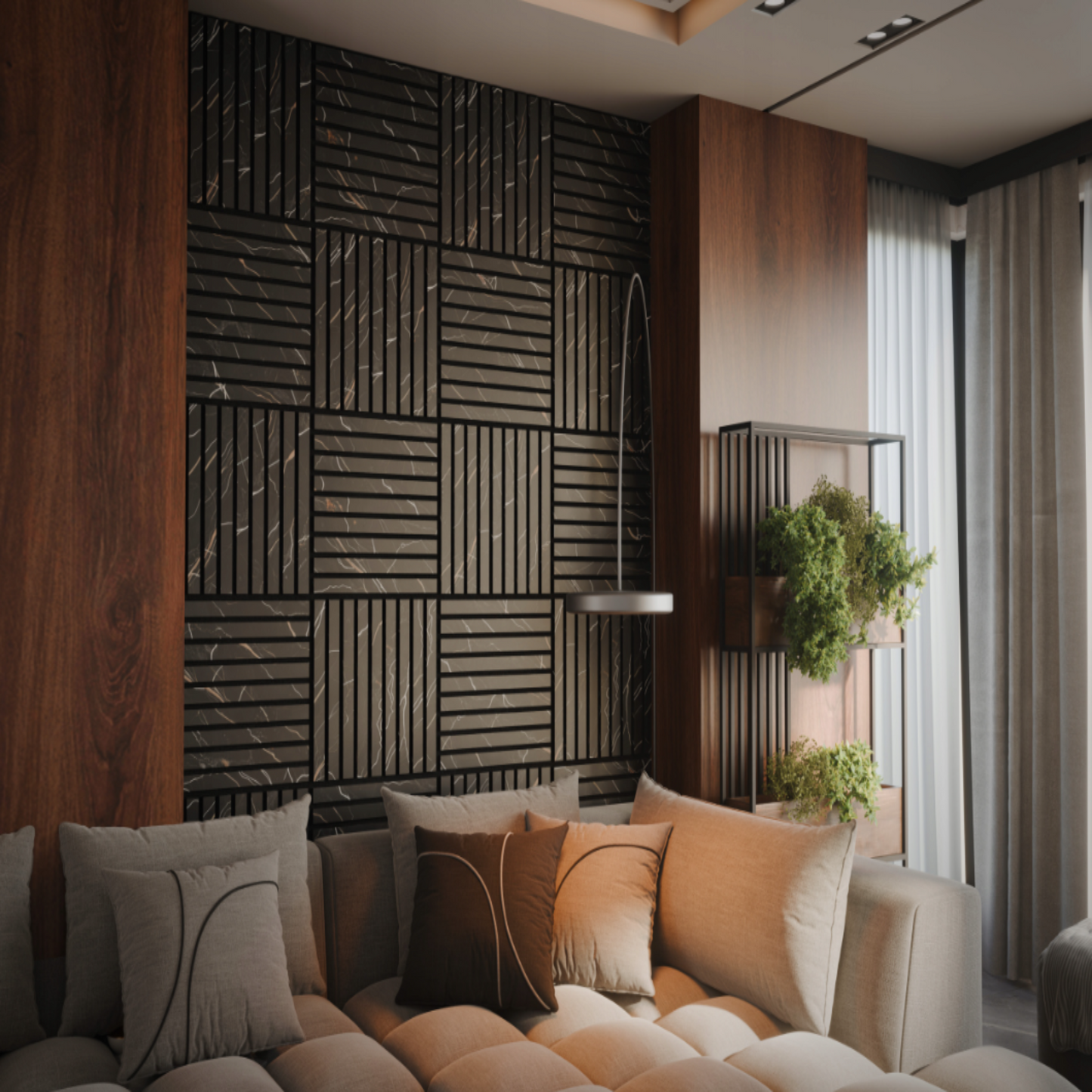 Akustinės sienų plokštės 50 × 50 cm moderniai interjero apdailai.