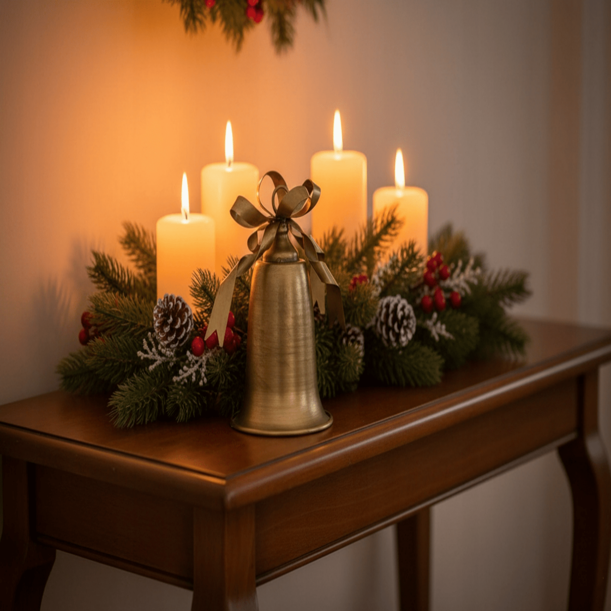 Kalėdinis metalinis varpelis aukso spalvos, elegantiška stalo ar durų dekoracija