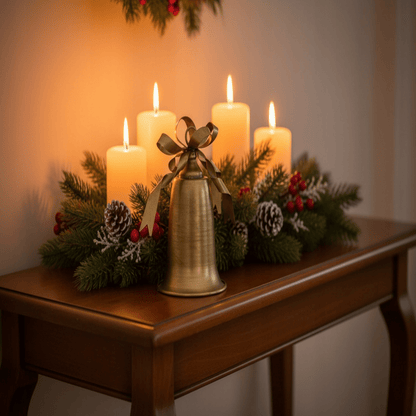 Kalėdinis metalinis varpelis aukso spalvos, elegantiška stalo ar durų dekoracija