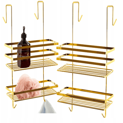 Aukso spalvos metalinė vonios lentyna su keturiais kabliukais