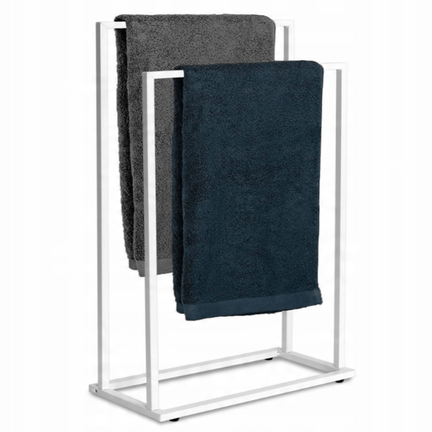 Balta metalinė rankšluosčių kabykla – vaizdas iš priekio