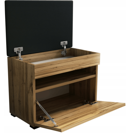 Batų spintelė su viena durele ir pakelta sėdyne – juoda dirbtinė oda