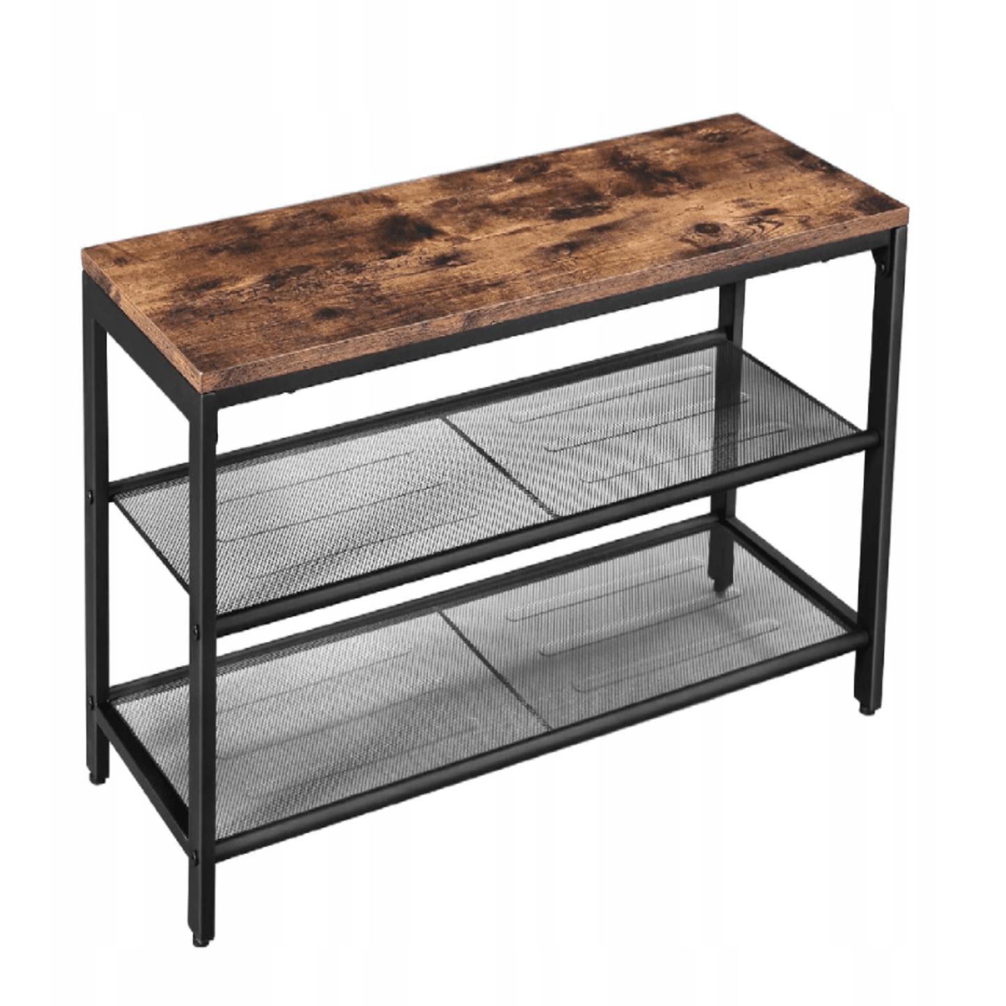 Industrinio stiliaus batų suoliukas su medžio paviršiumi ir juodo plieno konstrukcija