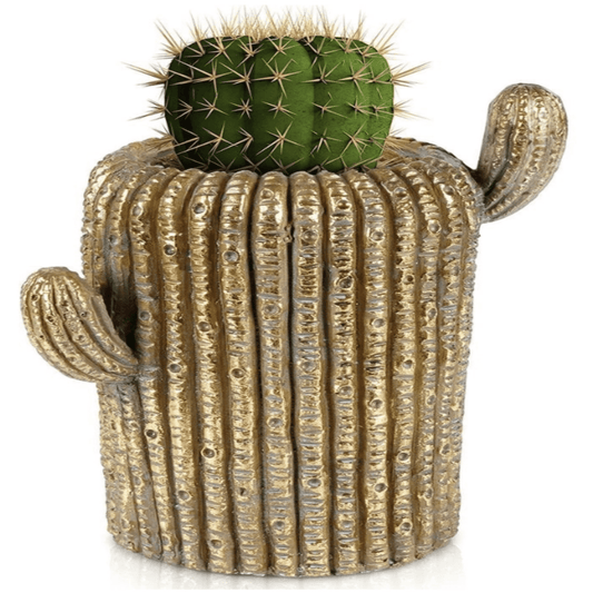 Patvarus aukso spalvos cementu dažytas kaktuso formos vazonas, imituojantis tikrovišką kaktuso tekstūrą.