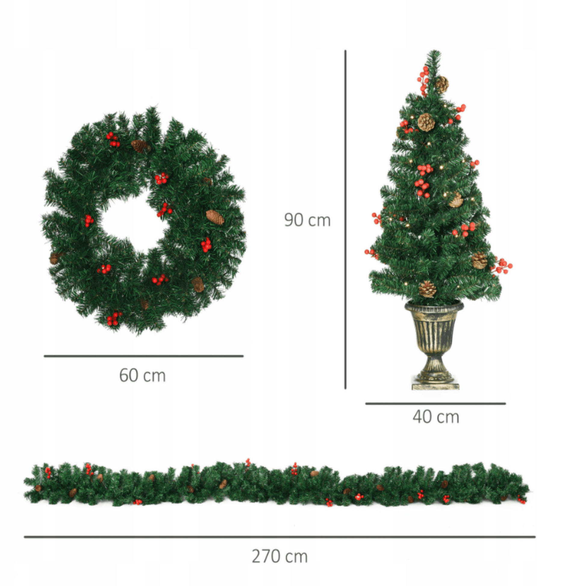 Šventinis durų vainikas ir eglutės su natūraliais akcentais – uogomis ir kankorėžiais