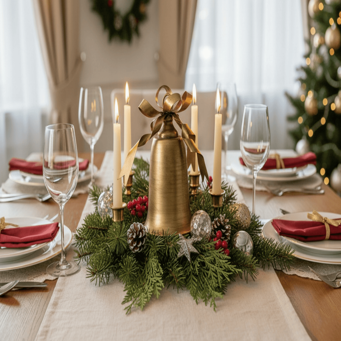 Stilingas auksinis varpelis su subtiliu blizgesiu, tinkamas šventinėms dekoracijoms
