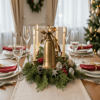 Stilingas auksinis varpelis su subtiliu blizgesiu, tinkamas šventinėms dekoracijoms